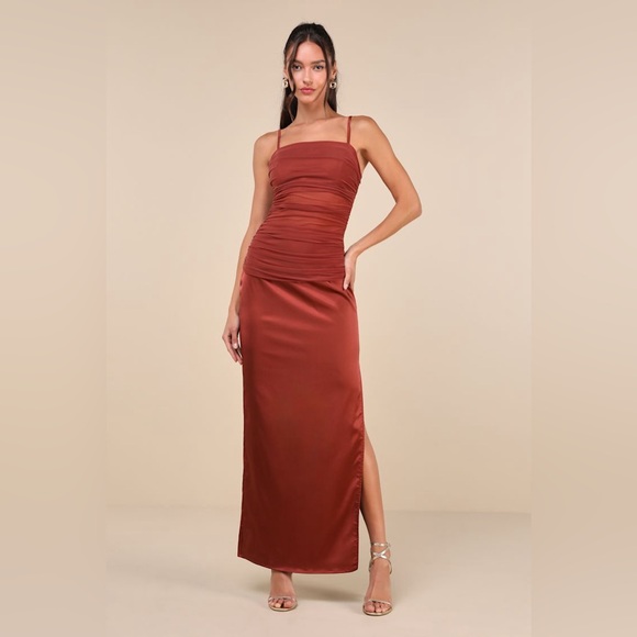 Lulus Dresses & Skirts - Lulus Perfected Essence Rust Brown Satin Mesh Ruched Maxi Dress Size L